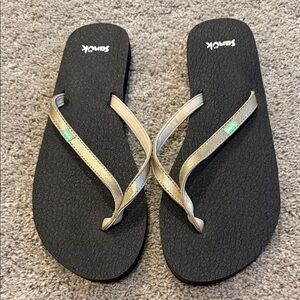 Sanuk Black Sandals with Metallic Gold Straps